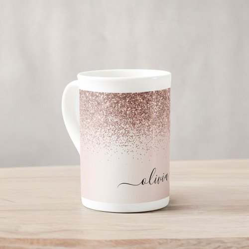 Rose Gold _ Blush Pink Glitter Metal Monogram Name Bone China Mug