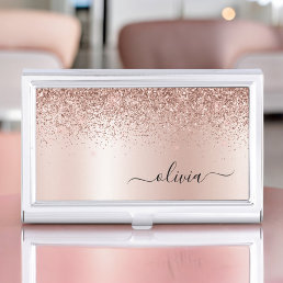 Rose Gold - Blush Pink Glitter Metal Monogram Name Business Card Case