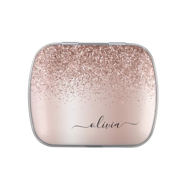 Rose Gold - Blush Pink Glitter Metal Monogram Name Candy Tin (Top)