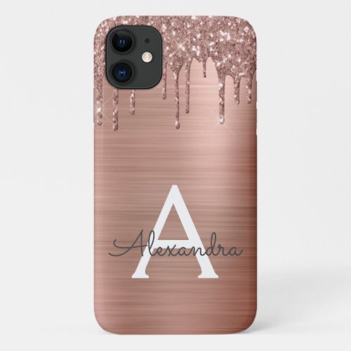 Rose Gold _ Blush Pink Glitter Metal Monogram Name iPhone 11 Case