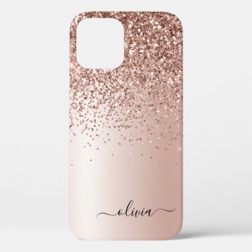 Rose Gold _ Blush Pink Glitter Metal Monogram Name iPhone 12 Case