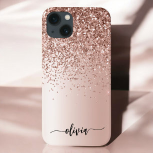 Rose Gold - Blush Pink Glitter Metal Monogram Name iPhone 13 Case