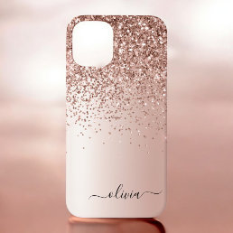 Rose Gold - Blush Pink Glitter Metal Monogram Name iPhone 12 Case