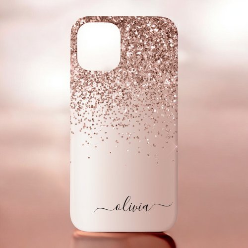 Rose Gold _ Blush Pink Glitter Metal Monogram Name iPhone 12 Case