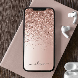 Rose Gold - Blush Pink Glitter Metal Monogram Name iPhone 13 Case