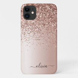 Rose Gold - Blush Pink Glitter Metal Monogram Name iPhone 11 Case