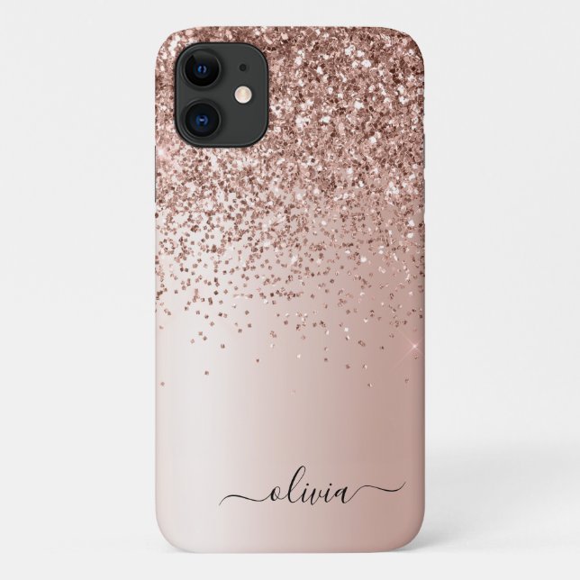 Rose Gold - Blush Pink Glitter Metal Monogram Name Case-Mate iPhone Case (Back)