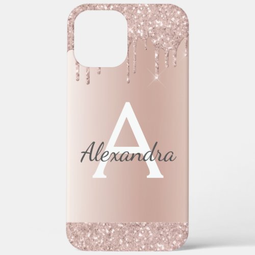 Rose Gold _ Blush Pink Glitter Metal Monogram Name iPhone 12 Pro Max Case