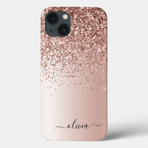 Rose Gold _ Blush Pink Glitter Metal Monogram Name iPhone 13 Case