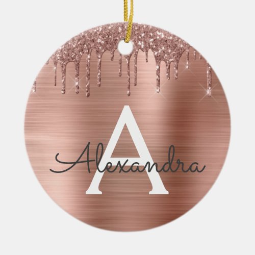 Rose Gold _ Blush Pink Glitter Metal Monogram Name Ceramic Ornament