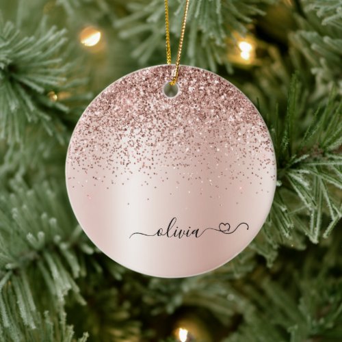Rose Gold _ Blush Pink Glitter Metal Monogram Name Ceramic Ornament