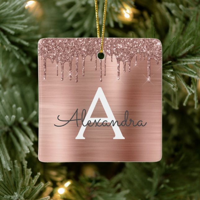 Rose Gold - Blush Pink Glitter Metal Monogram Name Ceramic Ornament (Tree)