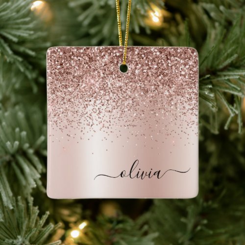 Rose Gold _ Blush Pink Glitter Metal Monogram Name Ceramic Ornament