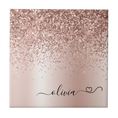 Rose Gold _ Blush Pink Glitter Metal Monogram Name Ceramic Tile