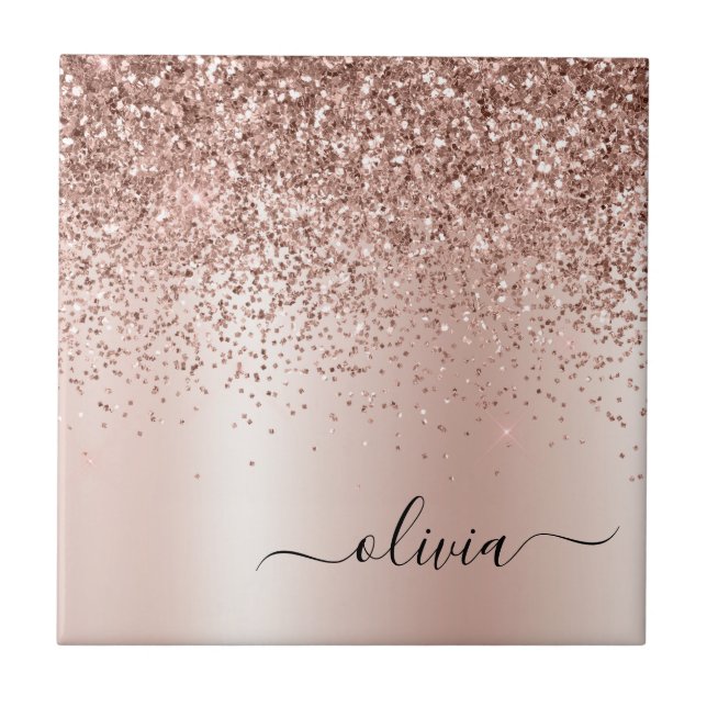 Rose Gold - Blush Pink Glitter Metal Monogram Name Ceramic Tile (Front)