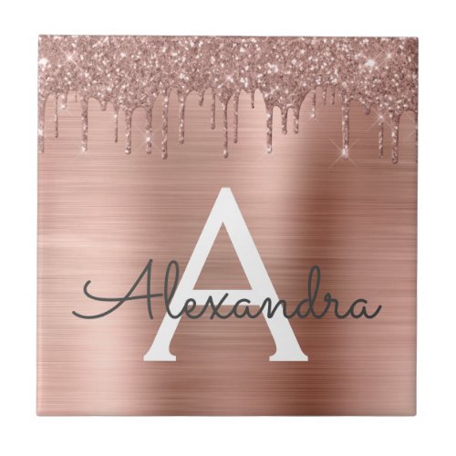 Rose Gold _ Blush Pink Glitter Metal Monogram Name Ceramic Tile