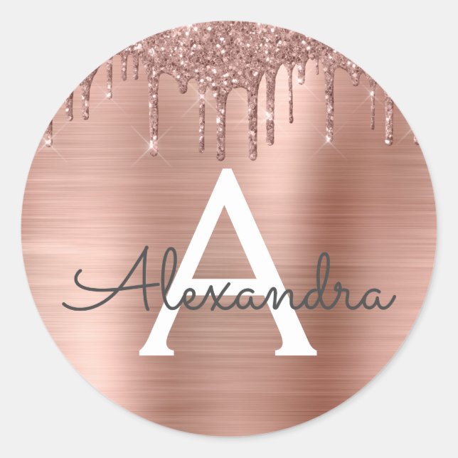 Rose Gold - Blush Pink Glitter Metal Monogram Name Classic Round Sticker (Front)