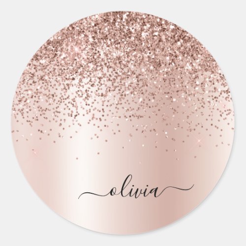 Rose Gold _ Blush Pink Glitter Metal Monogram Name Classic Round Sticker