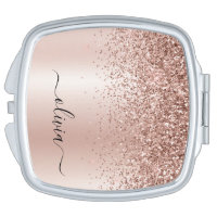 Monogram Metallic Rose Gold Pink Glitter Drips Compact Mirror