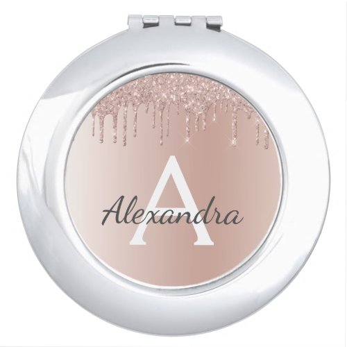 Rose Gold _ Blush Pink Glitter Metal Monogram Name Compact Mirror