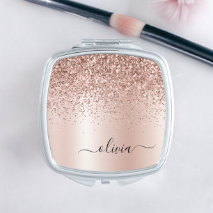 Rose Gold - Blush Pink Glitter Metal Monogram Name Compact Mirror