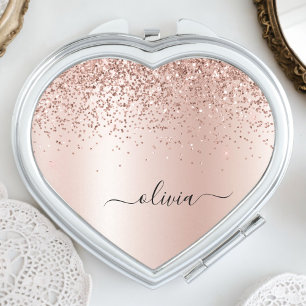 Rose Gold - Blush Pink Glitter Metal Monogram Name Compact Mirror
