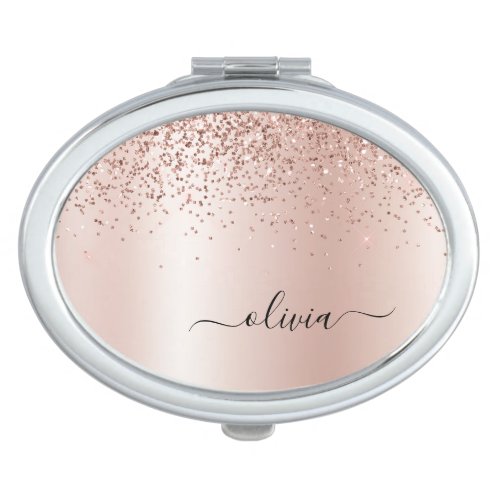 Rose Gold _ Blush Pink Glitter Metal Monogram Name Compact Mirror