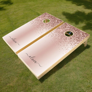 Rose Gold - Blush Pink Glitter Metal Monogram Name Cornhole Set
