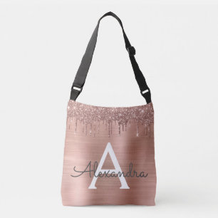 Rose Gold - Blush Pink Glitter Metal Monogram Name Crossbody Bag