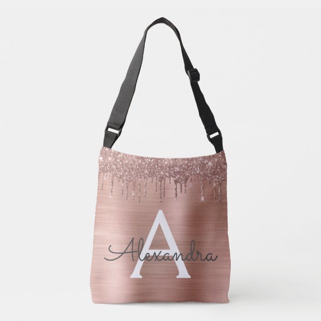 Rose Gold - Blush Pink Glitter Metal Monogram Name Crossbody Bag (Front)