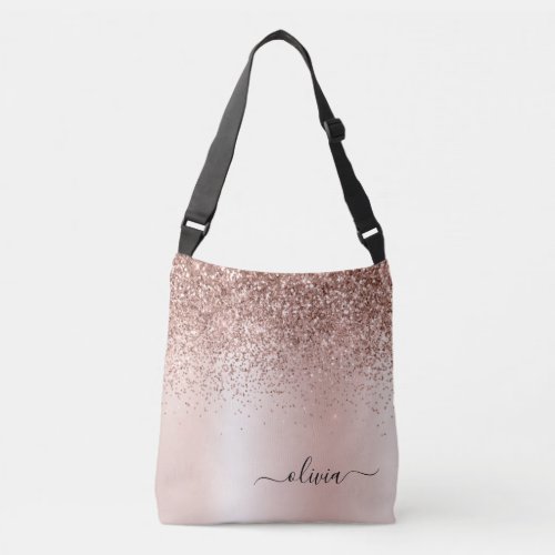 Rose Gold - Blush Pink Glitter Metal Monogram Name Crossbody Bag