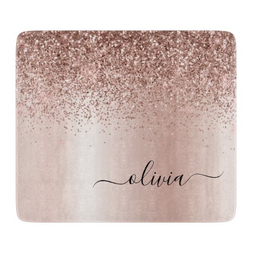 Rose Gold _ Blush Pink Glitter Metal Monogram Name Cutting Board