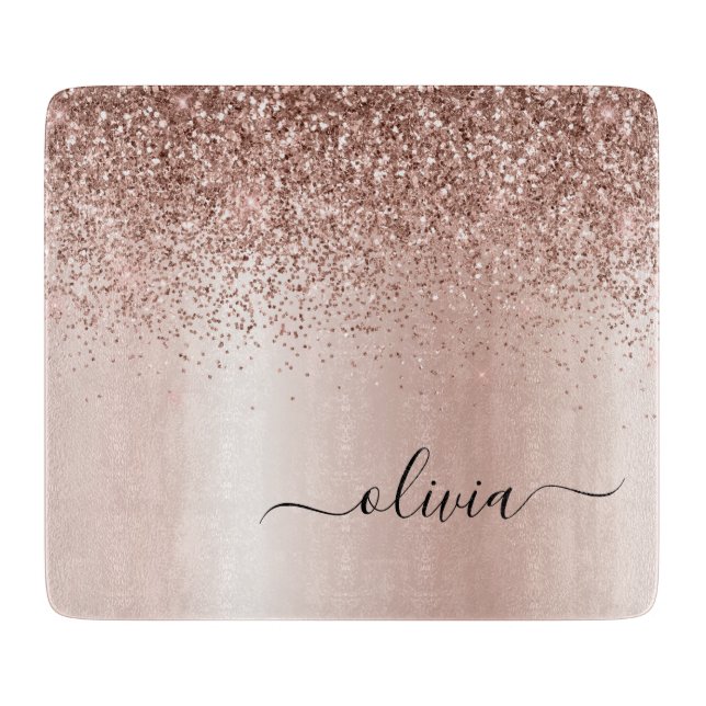 Rose Gold - Blush Pink Glitter Metal Monogram Name Cutting Board (Front)