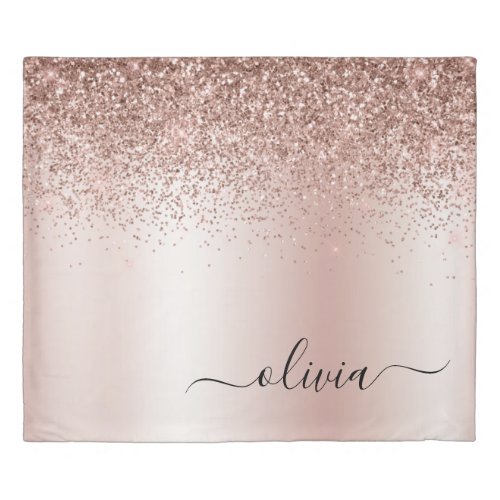 Rose Gold _ Blush Pink Glitter Metal Monogram Name Duvet Cover