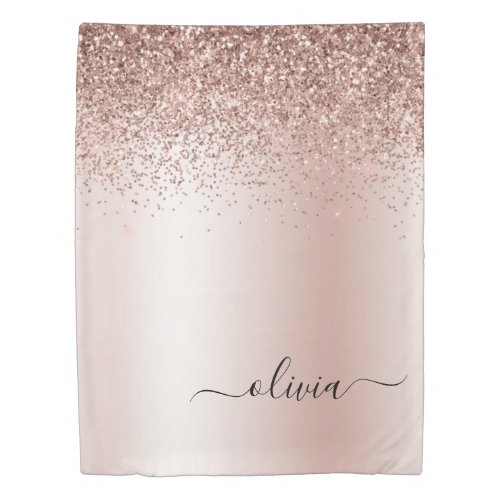 Rose Gold _ Blush Pink Glitter Metal Monogram Name Duvet Cover