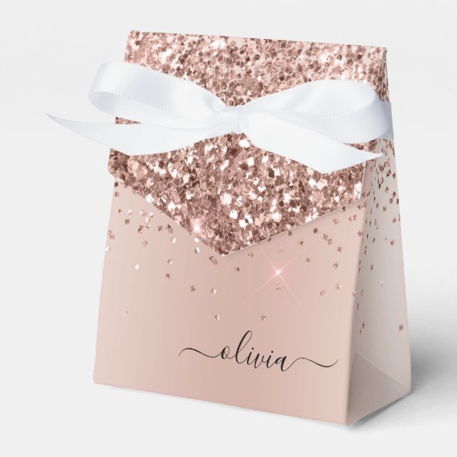 Rose Gold - Blush Pink Glitter Metal Monogram Name Favor Boxes (Front Side)