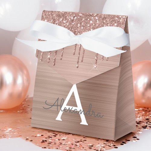 Rose Gold _ Blush Pink Glitter Metal Monogram Name Favor Boxes