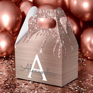 Rose Gold - Blush Pink Glitter Metal Monogram Name Favor Boxes