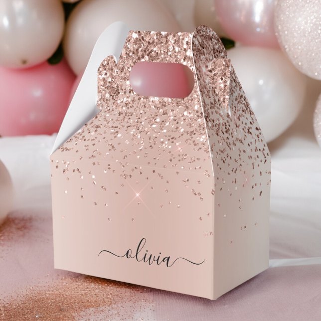 Rose Gold - Blush Pink Glitter Metal Monogram Name Favor Boxes (Creator Uploaded)