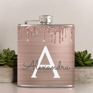 Rose Gold - Blush Pink Glitter Metal Monogram Name Flask