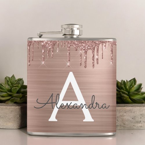 Rose Gold _ Blush Pink Glitter Metal Monogram Name Flask