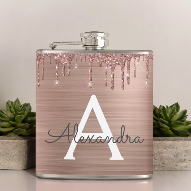 Rose Gold - Blush Pink Glitter Metal Monogram Name Flask (Creator Uploaded)