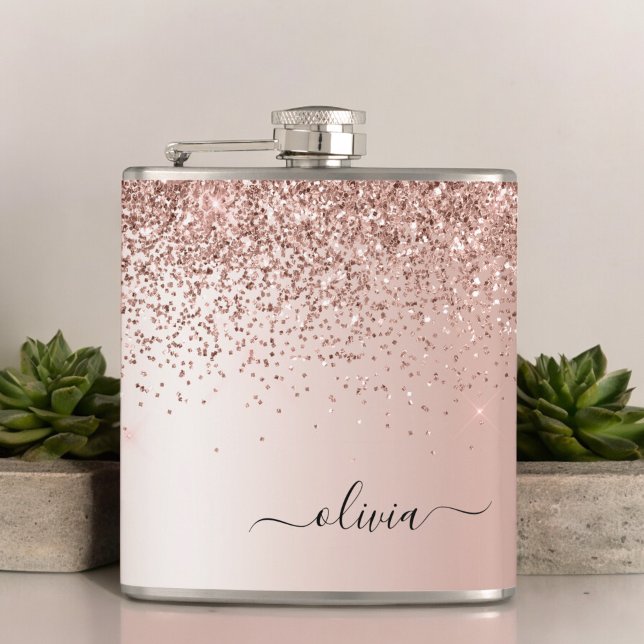 Rose Gold - Blush Pink Glitter Metal Monogram Name Flask (Creator Uploaded)
