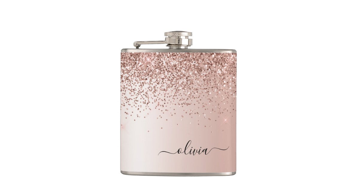 Rose Gold - Blush Pink Glitter Metal Monogram Name Flask | Zazzle