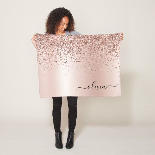 Rose Gold _ Blush Pink Glitter Metal Monogram Name Fleece Blanket