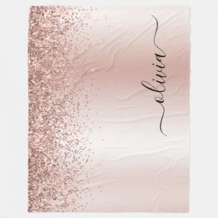 Rose Gold - Blush Pink Glitter Metal Monogram Name Fleece Blanket