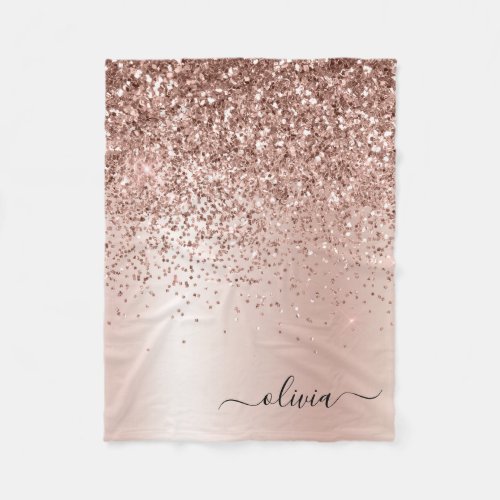 Rose Gold _ Blush Pink Glitter Metal Monogram Name Fleece Blanket