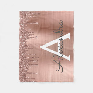 Rose Gold - Blush Pink Glitter Metal Monogram Name Fleece Blanket