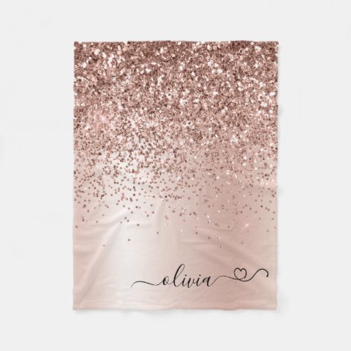 Rose Gold _ Blush Pink Glitter Metal Monogram Name Fleece Blanket