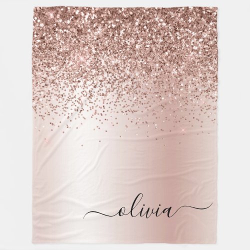 Rose Gold _ Blush Pink Glitter Metal Monogram Name Fleece Blanket